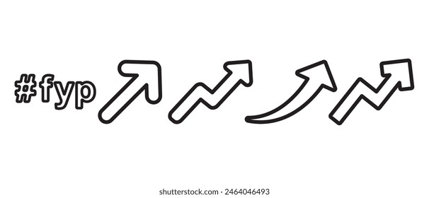 Fyp icon, For You Page sign, Growing line Arrow up. Growth chart sign. Flexible arrow indication statistic. Black curve arrow of trend on transparent. Trading stock news impulses. Trade infographic.