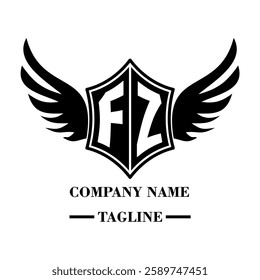 FZ A bold winged shield emblem with customizable initials A-Z. Sleek black-and-white vector, perfect for branding, sports teams, motorcycle clubs, gaming,apparel and High-quality
