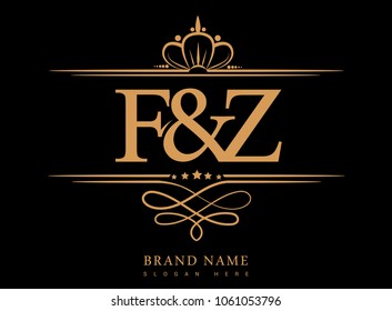F&Z Initial logo, Ampersand initial logo gold with crown and classic pattern