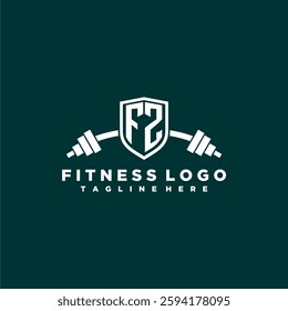 FZ initial monogram for fitnes or gym logo with creative shield and barbell design