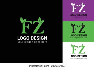 FZ letters eco logo with leaf. Vector typeface for nature posters, eco friendly emblem, vegan identity, herbal and botanical cards etc. Ecology FZ letters logo with green leaf.