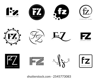 FZ logo company template. Letter f and z logotype. Set different classic serif lettering and modern bold text with design elements. Initial font typography. Collection trendy business identity.