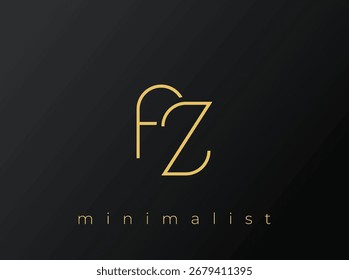 Logotipo minimalista FZ com formas entrelaçadas no plano de fundo preto sólido. Um design de logotipo minimalista limpo e moderno.