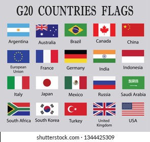 G 20 Countries Flag Set. Argentina,Australia,Brazil,Canada,China,France,Germany,India,Indonesia,Italy,Japan,Mexico,Russia,Saudi Arabia,South Africa,South Korea,Turkey,United Kingdom,USA Countries Flag