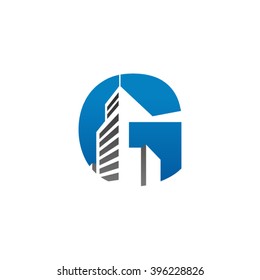 G alphabet building negative space letter logo blue