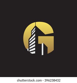 G alphabet building negative space letter logo gold black background