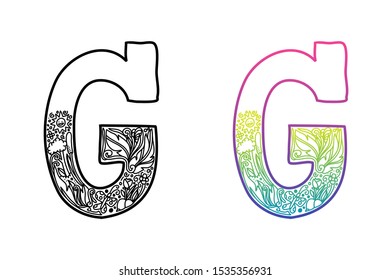 G alphabet letters. Hand drawing ornaments of Nature and florals theme. Best for cosmetic and organic products. Two styles with black and color gradients, separate layers vector illustration.