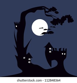 G, in the alphabet set. Halloween full moon night background with haunted house and dead trees.