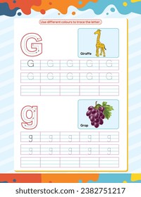 G alphabet tracing practice worksheet. Educational coloring book page with outline vector illustration for preschool