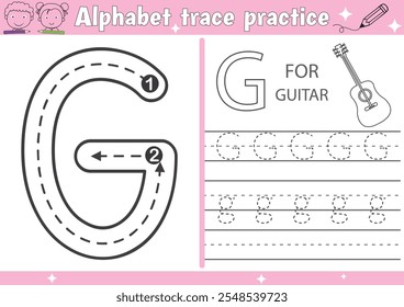 G alphabet tracing practice worksheet and Guitar coloring book page with outline vector for Pre-school Kids