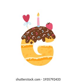G - Birthday cake with icing, candy sprinkles. Biscuit with cream carved in the shape of the English letter. Vector illustration in simple cartoon hand-drawn style. Colorful isolate