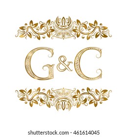 G and C vintage initials logo symbol. The letters are surrounded by ornamental elements. Wedding or business partners monogram in royal style.