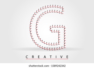 G casino letter with little many poker symbols. Peak, Clubs, Cherva, Tambourine. Styled vector font for casino, online slots, gamble, poker tournament, logo, cover, brochure, voucher, card or web page