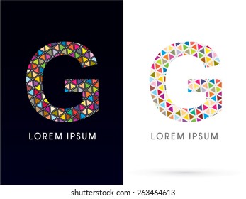 G ,Colorful font, concept mosaic pattern,designed using colors triangle geometric shape. on dark and white background, sign ,logo, symbol, icon, graphic, vector.