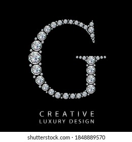G diamond letter vector illustration. White gem symbol logo for your luxury business, casino, jewelry or web site. Upper letter with many sparkling diamonds isolated on black background.