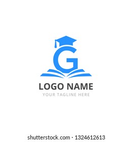 G education logo. Education logo concept. Open book logo. Knowledge, graduation cap icon. 