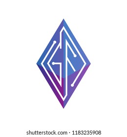 G F Initial letter block chain logo icon vector template. Looping mono line circuit letter on rhombus cube logo