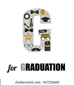 G for Graduation. Graduation black and gold elements vector design. Flat icon elements for graduation invitation, card, t-shirt print, poster.