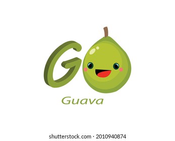G for Guava Alphabet Vector illustration. Fruit and Vegetables Name Alphabet symbol. Kids Nursery isolated on white background, Clip Art, Cute, Cartoon ABC