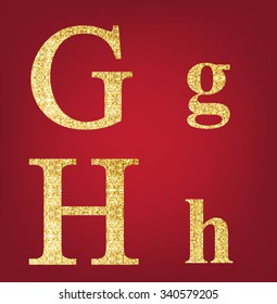 G H alphabet set  made up of gold spangles on the red background