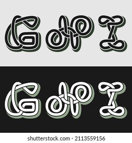 G H I of the English alphabet with celtic ornament intertwined ribbon on a light and dark background.	