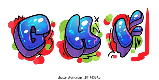 G, H, I graffiti aqua alphabet letters. Cartoon kids letters illustration 