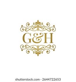 G and H Monogram logo Elegant Gold with Ornamental Scrollwork on White Background 
