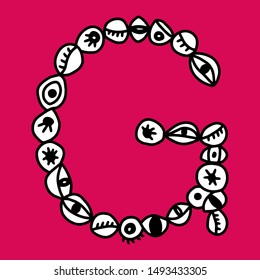 G hand drawn vector letter with eye symbols in different forms in cartoon style on pink background
