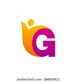 G initial alphabet letter logo with swoosh man, orange purple