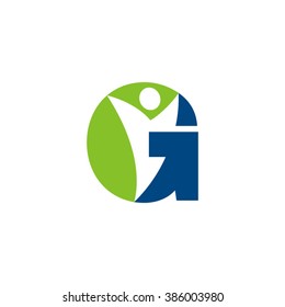 G initial alphabet letter logo with negative space swoosh man, green blue