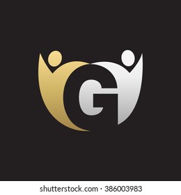 G initial alphabet letter logo with holding hands swoosh man, silver gold black background