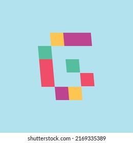 G initial based vector logo. Colorful square pixels logo within blue background. Suitable for company, technology, multimedia, and computer related business.