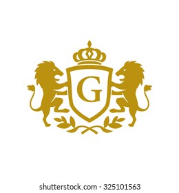 G initial business, clean luxury crest logo with lions