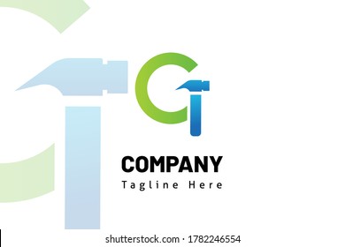 G Initial Hammer green blue illustration logo template for icon construction, developer real estate, initial logo, brand system, marketing kit, and builder company, useable print and website