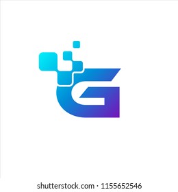 G Initial Letter Logo Design with Digital Pixels in Blue and Purple Colors