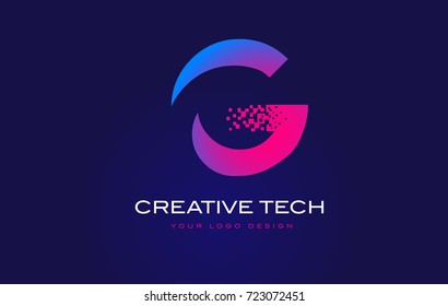 G Initial Letter Logo Design with Digital Pixels in Blue and Purple Colors.