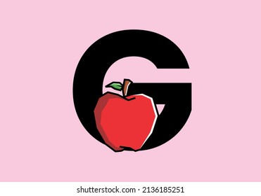 G letra inicial con manzana roja en un diseño de estilo artístico rígido
