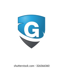 G initial swoosh shield logo blue