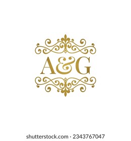 A G initials logo ornament gold. Letter AG wedding ampersand or business partner symbol.