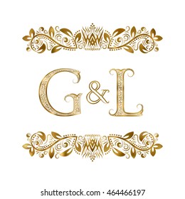 G and L vintage initials logo symbol. The letters are surrounded by ornamental elements. Wedding or business partners monogram in royal style.