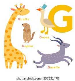 G letter animals set. English alphabet. Vector illustration, isolated on white background