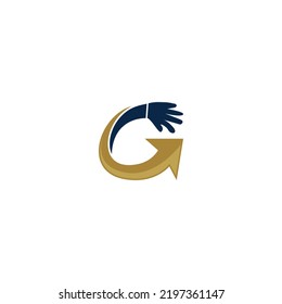 G Letter Arrow with Hand Care Icon Vector Logo Template Illustration Design. Vector EPS 10.