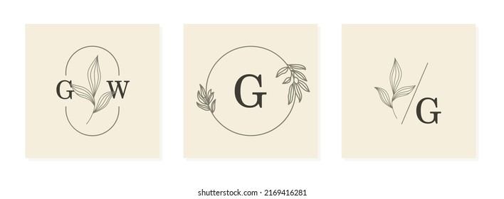 G letter banner. Botanical background. Graphic alphabet symbol for wedding invitation and corporate business identity. Minimalism design. Vector line icon for Business and Advertising.