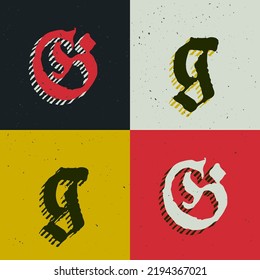 G letter blackletter style logo set with grunge texture. Stylish horror gothic icon font. Perfect for retro style identity, music album covers, movie posters, luxury packaging, medieval design.