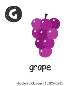 G letter card with grape. Learn english alphabet, letter, word for kids. Educational poster for child