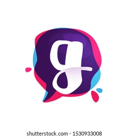 G letter chat app logo at colorful watercolor splash background. Color multiply style. Bubble speech vector typeface for labels, headlines, posters, cards etc.