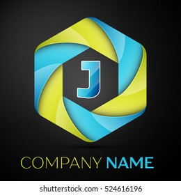 G Letter colorful logo in the hexagonal on black background. Vector template for your design