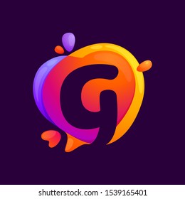 G letter at colorful speech bubble and heart background. Color multiply style. Vector typeface for app, headlines, posters, cards etc.