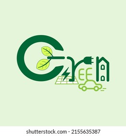 G letter combined with power button icon and green leaves. Green power typographic design. Vector illustration outline flat design style.