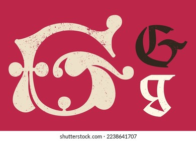 G letter drop cap logo. Illuminated initial and blackletter uppercase and lowercase. All you need to precisely imitate medieval text. Decorative element for the beginning of a paragraph or section.